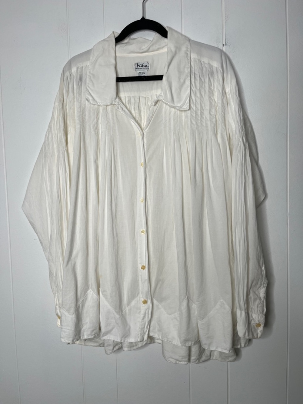 Vintage Kiko Cream Gathered Yoke Button-Front Blouse Trapeze Tunic OS